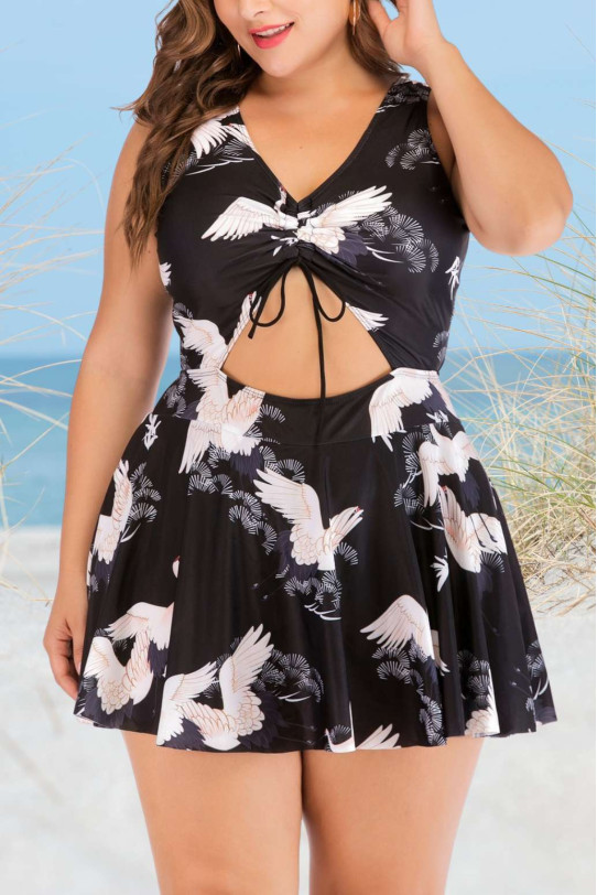 Black plus size swimsuit-dress with white cranes