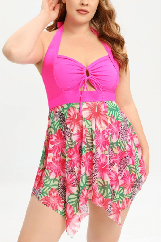 Pink plus size tankini swimsuit with floral top and shorts