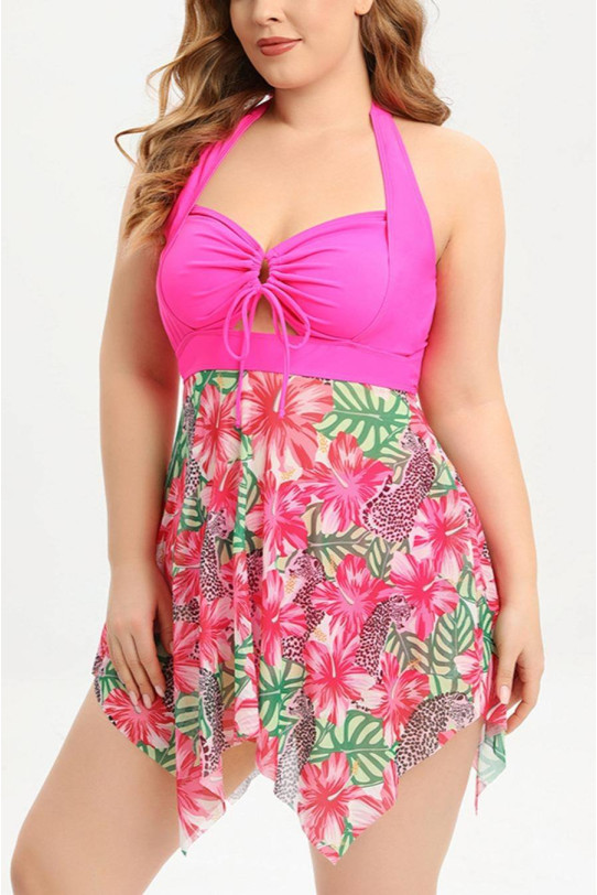 Pink plus size tankini swimsuit with floral top and shorts