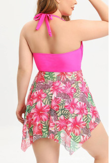 Pink plus size tankini swimsuit with floral top and shorts