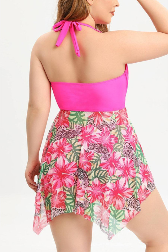 Pink plus size tankini swimsuit with floral top and shorts