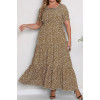 Long plus size dress with frills and tiny white flowers in earthy ocher