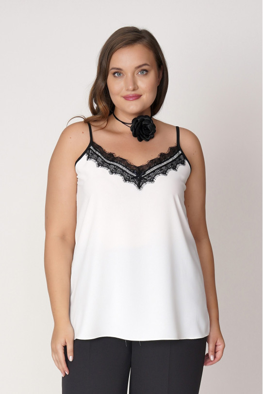 Elegant white tank top with black lace