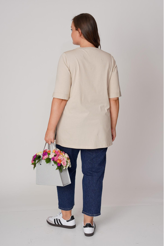 Cotton beige plus size blouse with pocket