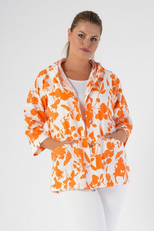 Luxurious white plus size jacket with floral print in orange