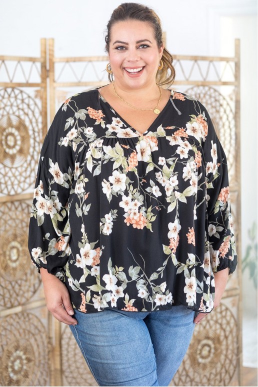 Black loose plus size blouse with floral print