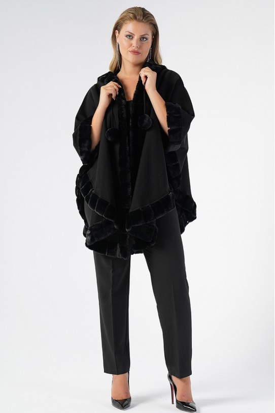 Елегантно черно макси палто с качулка