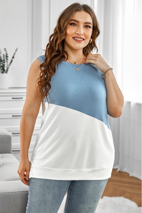 Дамска макси блуза без ръкави в светло синьо и бяло