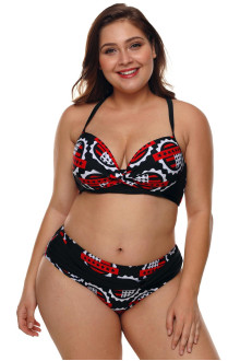 Plus size swimsuit halves in black, white and red with a cross neckline