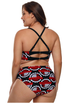 Plus size swimsuit halves in black, white and red with a cross neckline