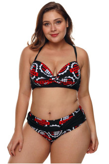 Plus size swimsuit halves in black, white and red with a cross neckline