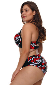 Plus size swimsuit halves in black, white and red with a cross neckline