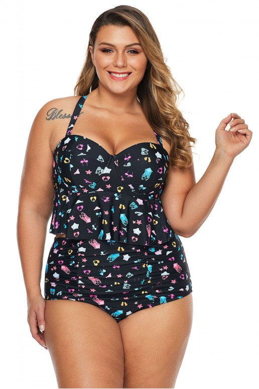 Plus size tankini in black and color print in two parts