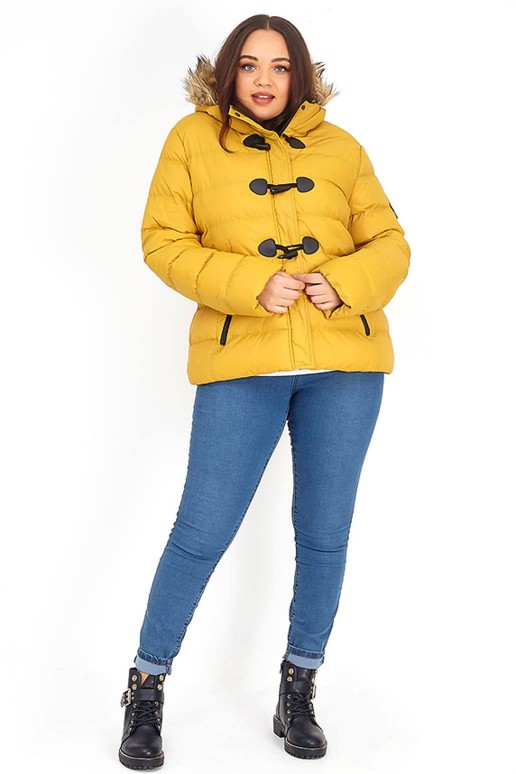 Plus size winter down jacket with a hood in yellow