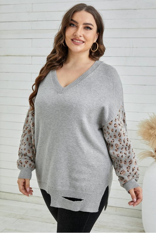 Модерен макси пуловер с V-образно деколте в сиво