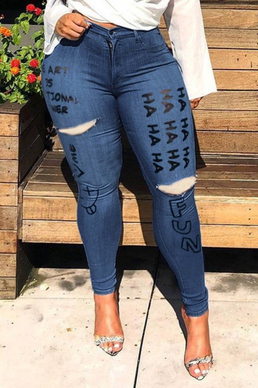 Dark plus size skinny jeans with black inscriptions