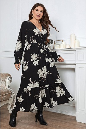 Long black plus size dress with cream flowers