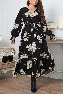 Long black plus size dress with cream flowers