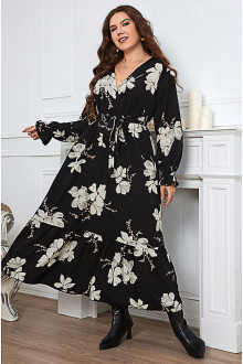 Long black plus size dress with cream flowers