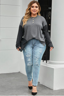 Gray plus size blouse with ribbed graphite sleeves