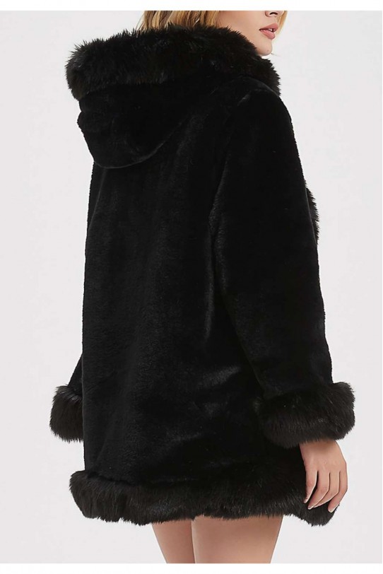 Черно макси палто от къс косъм с качулка