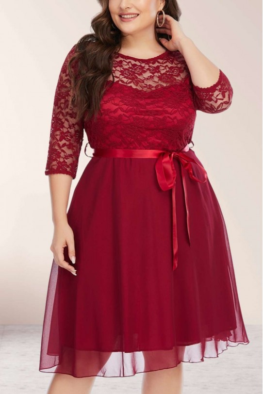 Коктейлна макси рокля от шифон и дантела в червено