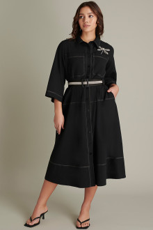 Luxurious linen black plus size dress with belt and midi length