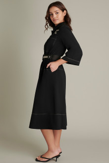 Luxurious linen black plus size dress with belt and midi length