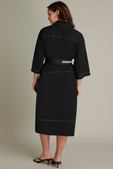 Luxurious linen black plus size dress with belt and midi length