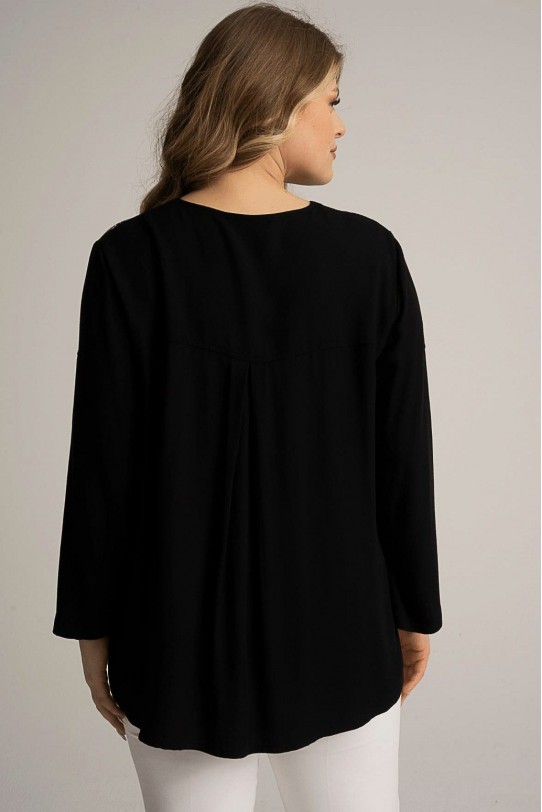 Луксозна памучна черна макси блуза с принт на бели листа
