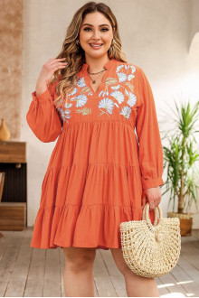 Plus size dress with embroidery and frills in orange