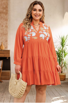 Plus size dress with embroidery and frills in orange