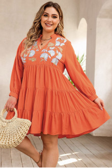 Plus size dress with embroidery and frills in orange