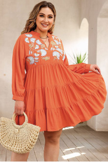 Plus size dress with embroidery and frills in orange