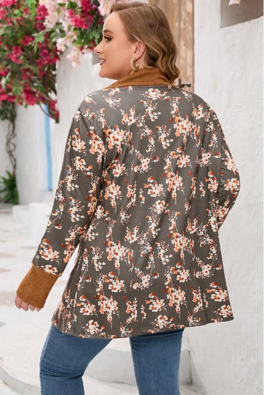 Plus size cardigan in brown tones and floral print