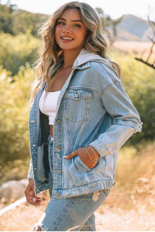 Light plus size denim jacket with hood