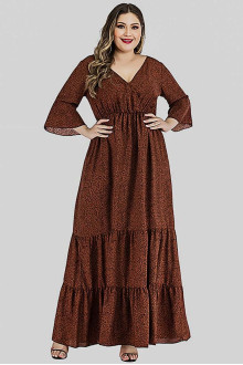 Long frill plus size dress in warm brown and black