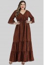 Long frill plus size dress in warm brown and black