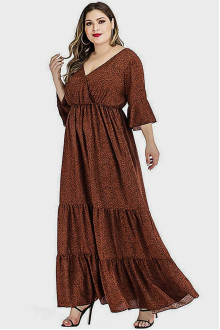 Long frill plus size dress in warm brown and black