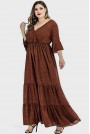 Long frill plus size dress in warm brown and black
