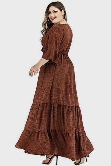 Long frill plus size dress in warm brown and black