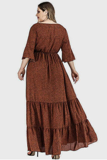 Long frill plus size dress in warm brown and black