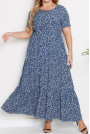 Blue long plus size dress with frills and tiny white flowers