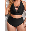 Fashionable plus size swimsuit with high waist and ties at the neckline