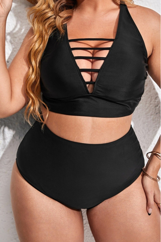 Fashionable plus size swimsuit with high waist and ties at the neckline