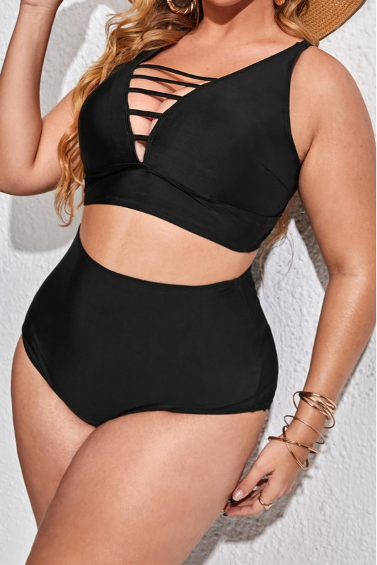 Fashionable plus size swimsuit with high waist and ties at the neckline