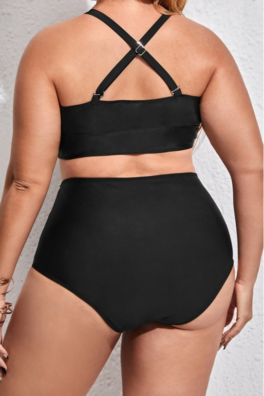 Fashionable plus size swimsuit with high waist and ties at the neckline