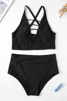 Fashionable plus size swimsuit with high waist and ties at the neckline