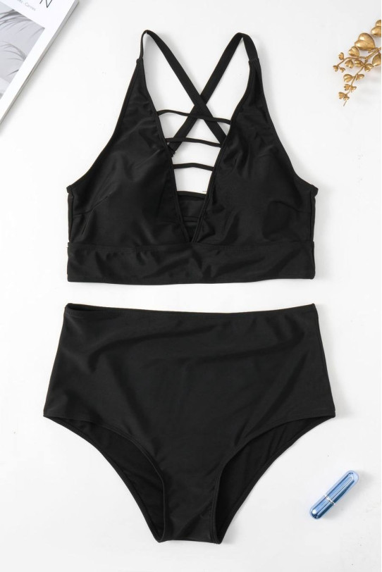 Fashionable plus size swimsuit with high waist and ties at the neckline