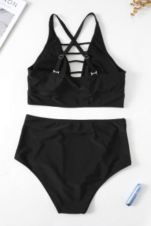 Fashionable plus size swimsuit with high waist and ties at the neckline